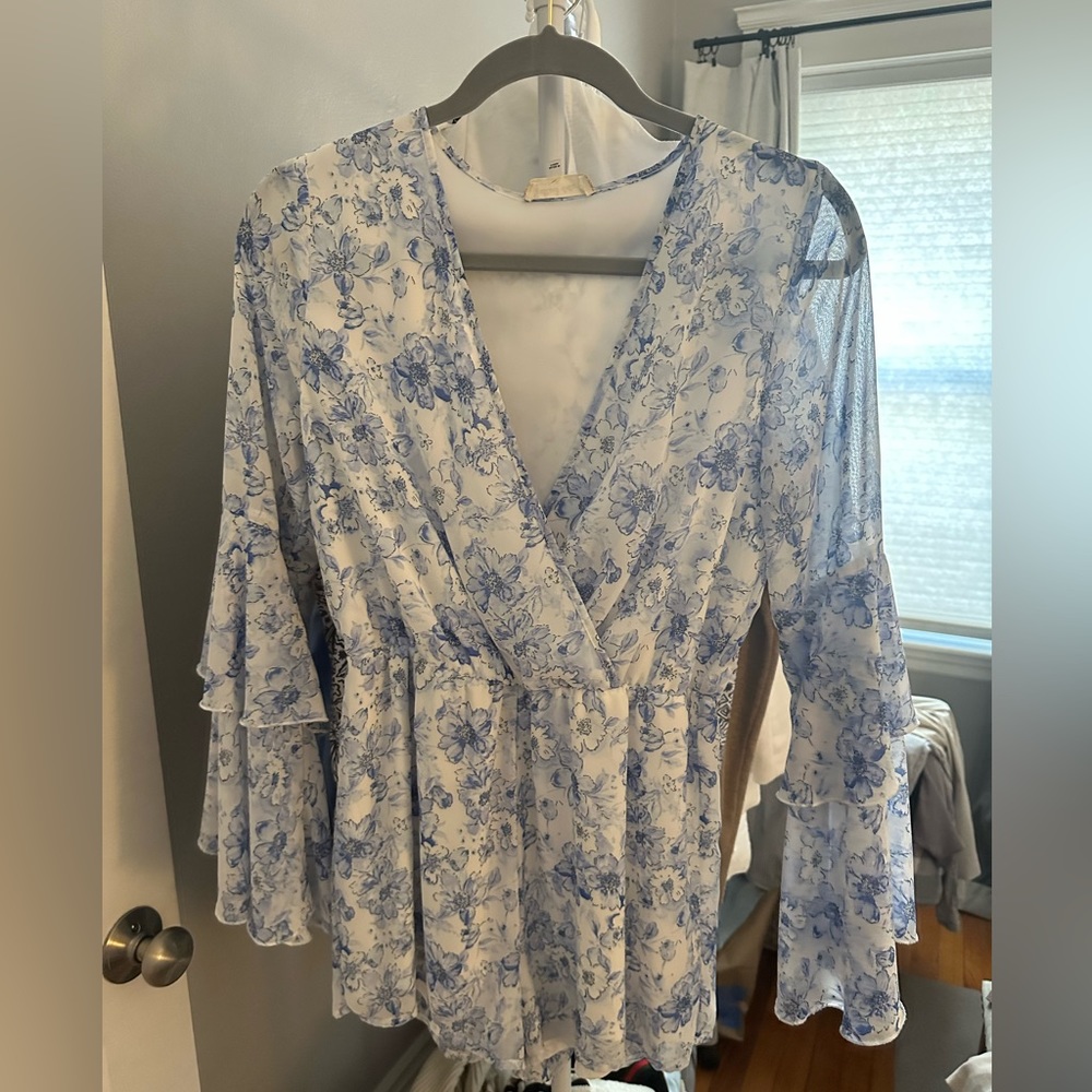 Blue Floral Long Sleeve Romper